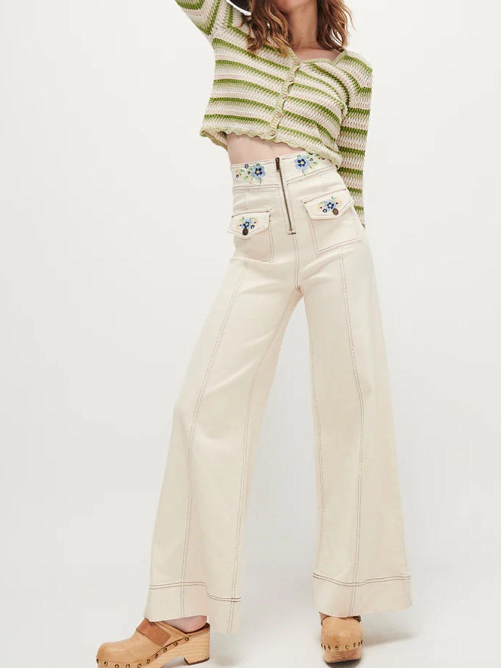 Floral Embroidered Wide Leg Jeans - Picture 5 of 6
